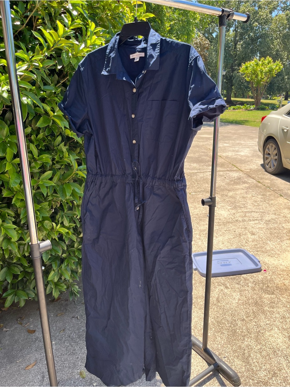 Casual Navy Button-Front Jumpsuit with Drawstring Waist